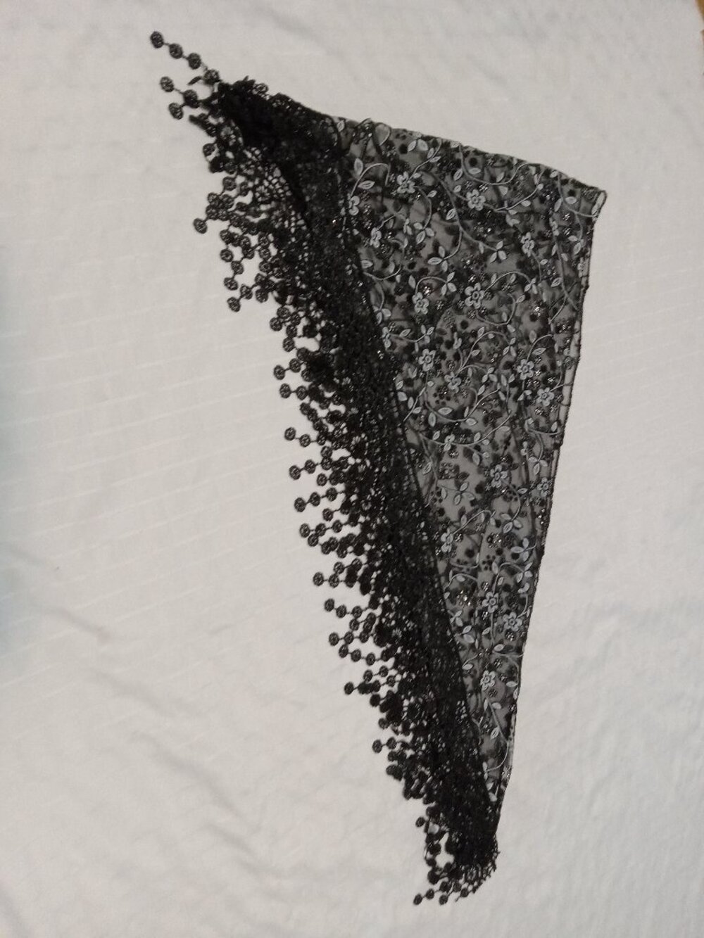 A fabulous triangular scarf with a beautiful border and small iridescent design